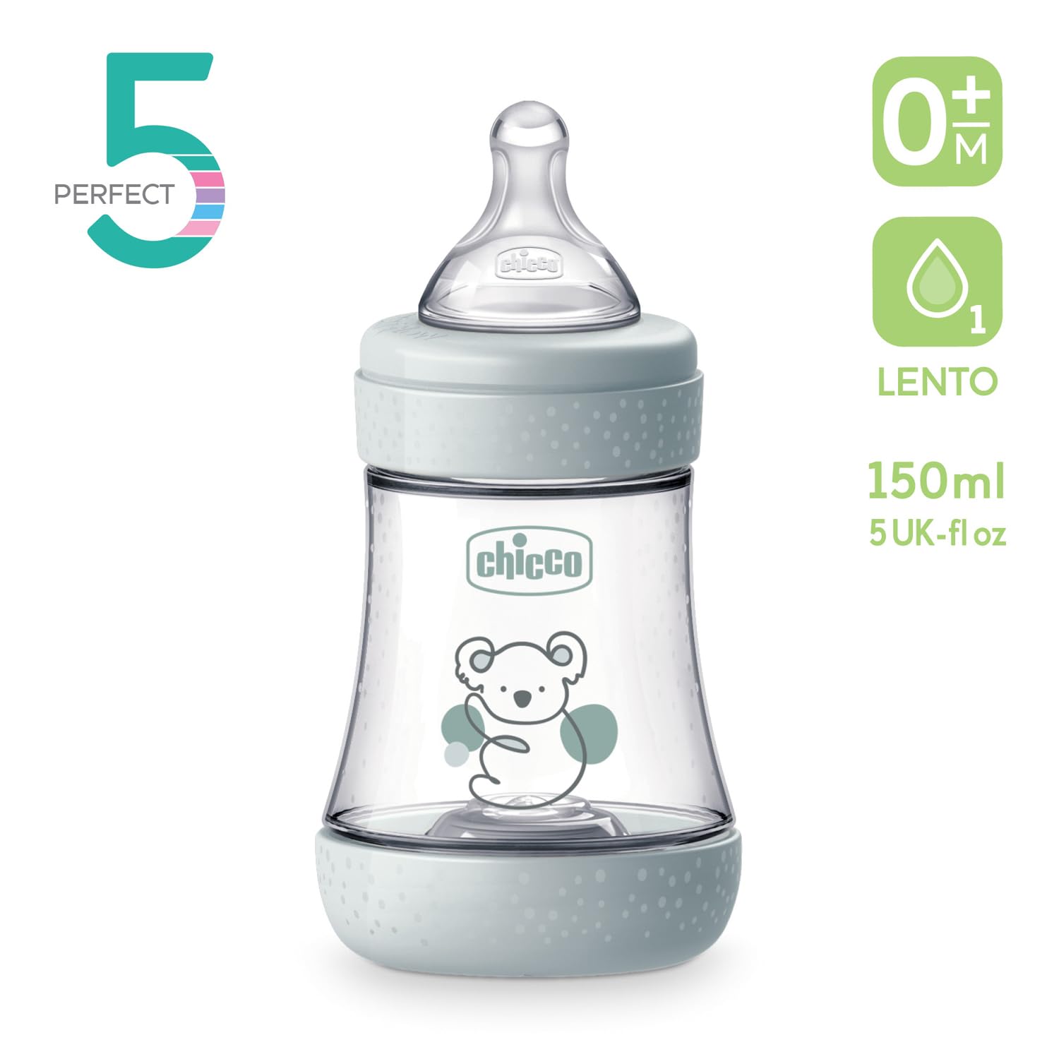 Chicco PERFECT 5, Doppio Biberon Anticolica da 150 ml, Biberon Flusso Lento da 0 Mesi + con Tettarella in Morbido Silicone, Biberon simil seno materno, Biberon anticolica per allattamento misto
