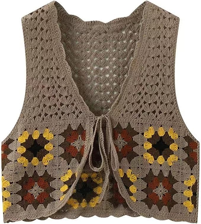Women's Retro Style Boho V-Neck Sleeveless Crochet Hollow Out Botton-up Floral Crop, Corchet Top Khaki-M