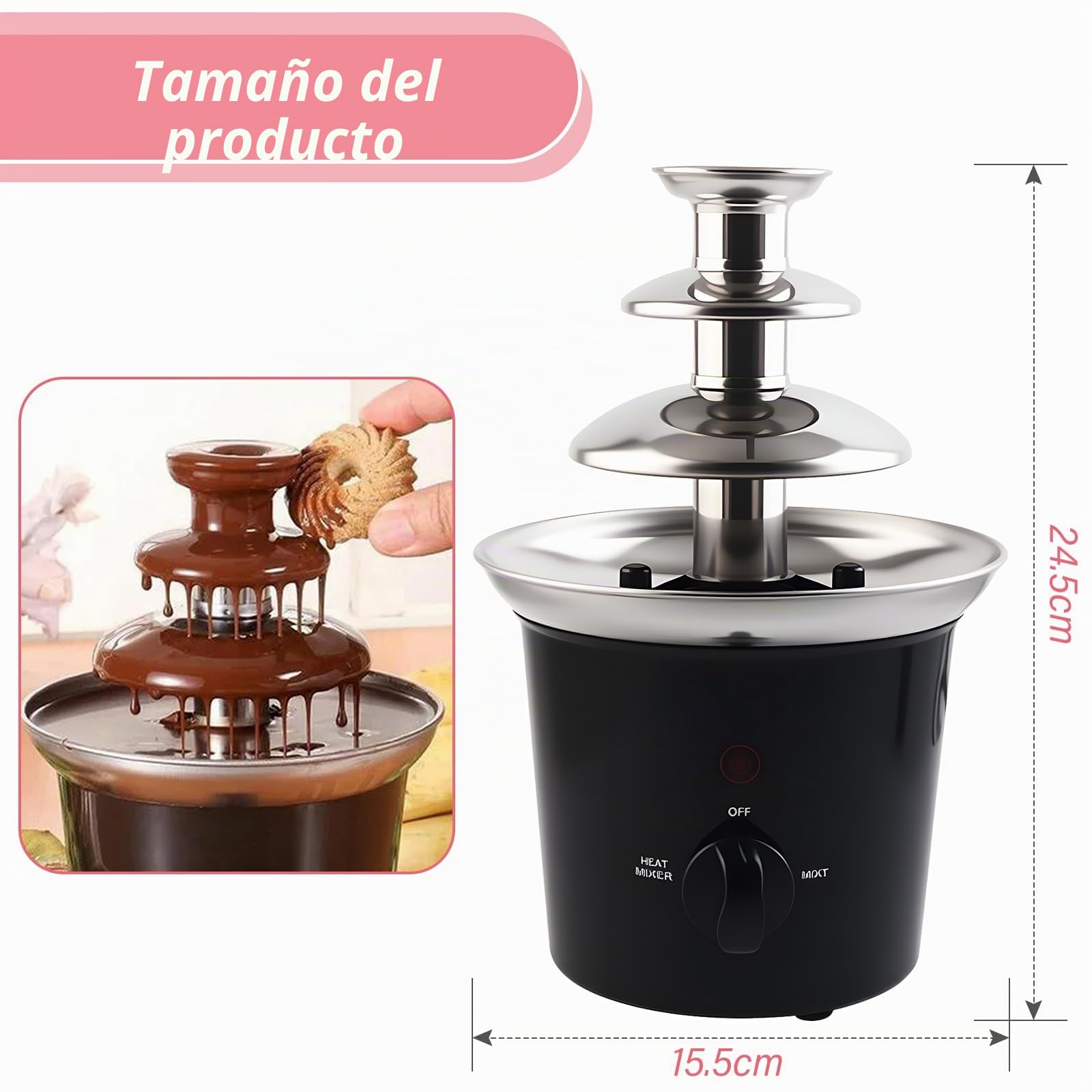 Fuente de chocolate, 3 niveles 60 W, juego de fondue de chocolate eléctrico, juego de fuente de acero inoxidable, fuente de fiesta de 3 niveles para cumpleaños, fiestas y familias