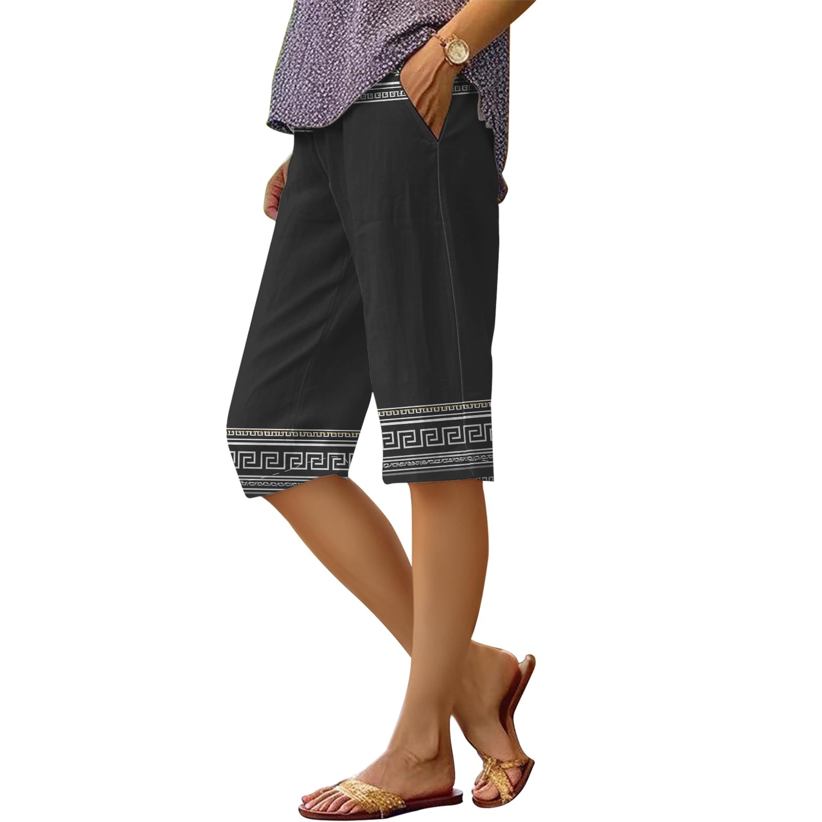 Womens Summer Beach Bermuda Shorts Aztec Striped Loose Casual Knee Length Wide Leg Gym Athletic Pants with Pockets
