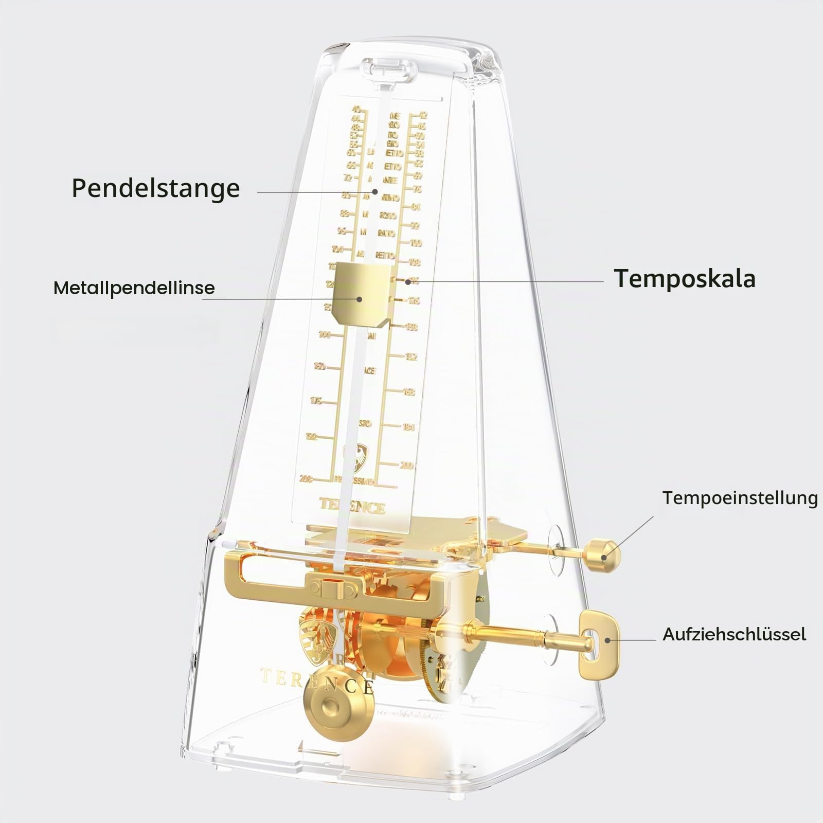 TERENCE Seiko Mechanisches Metronom Transparent für Klavier Gitarre Guzheng Violine Schlagzeug