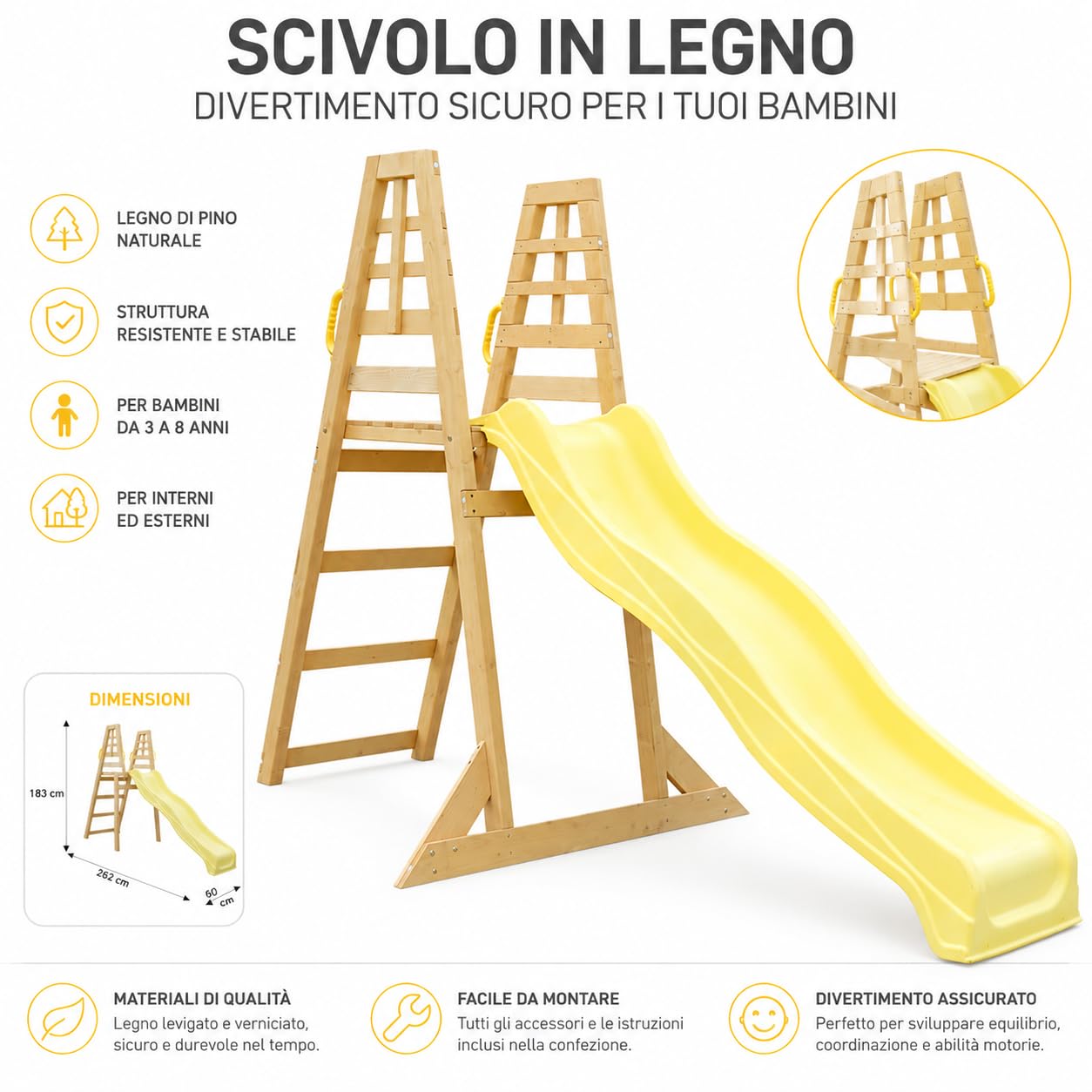 Scivolo per bambini da esterno, SCIVOLO da Giardino in Plastica per Bambini con Solida Struttura in Legno 4 Gradini. Dimensioni 262x60x183cm. (Premium)