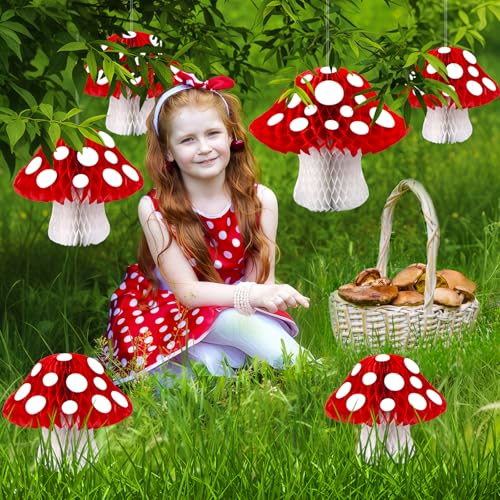 Image of 8PCS Mushroom Honeycomb Decor Mushroom Shaped Tissue Paper Pom Decorations for Jungle Wonderland Themed Birthday Party 3D Mushroom Honeycomb Centerpiece for Fairy Baby Shower Garden Decoration