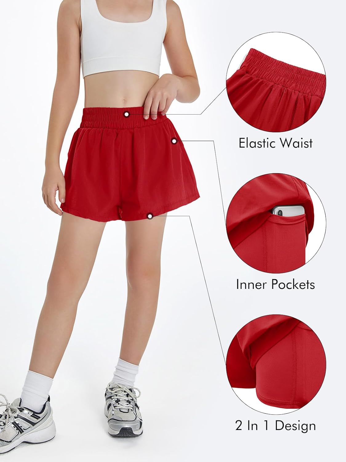 Haloumoning Girls Athletic Shorts High Waist Elastic 2 in 1 Running Shorts with Side Pockets 5-14 Years - Image 5