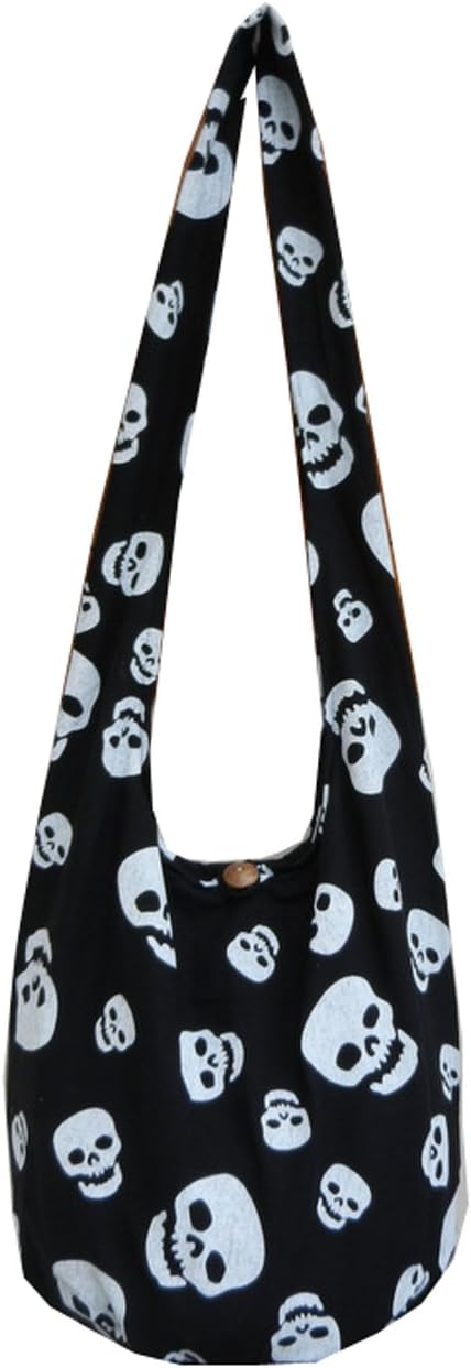 BTP! Skull Punk Rock Hippie Hobo Thai Cotton Sling Crossbody Bag Messenger Purse (Black SK9)