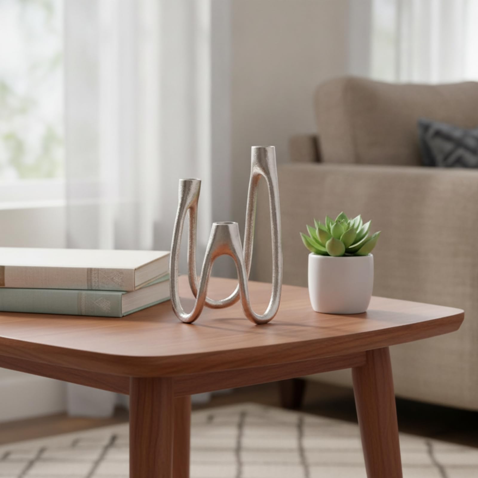 Portacandele Scultoreo Portacandele Taper Candelabro Moderno Base Appesantita Alluminio Argento Singolo Linee Morbide Adatto per Decorazioni, Piccolo, Nuovo Stile Cinese