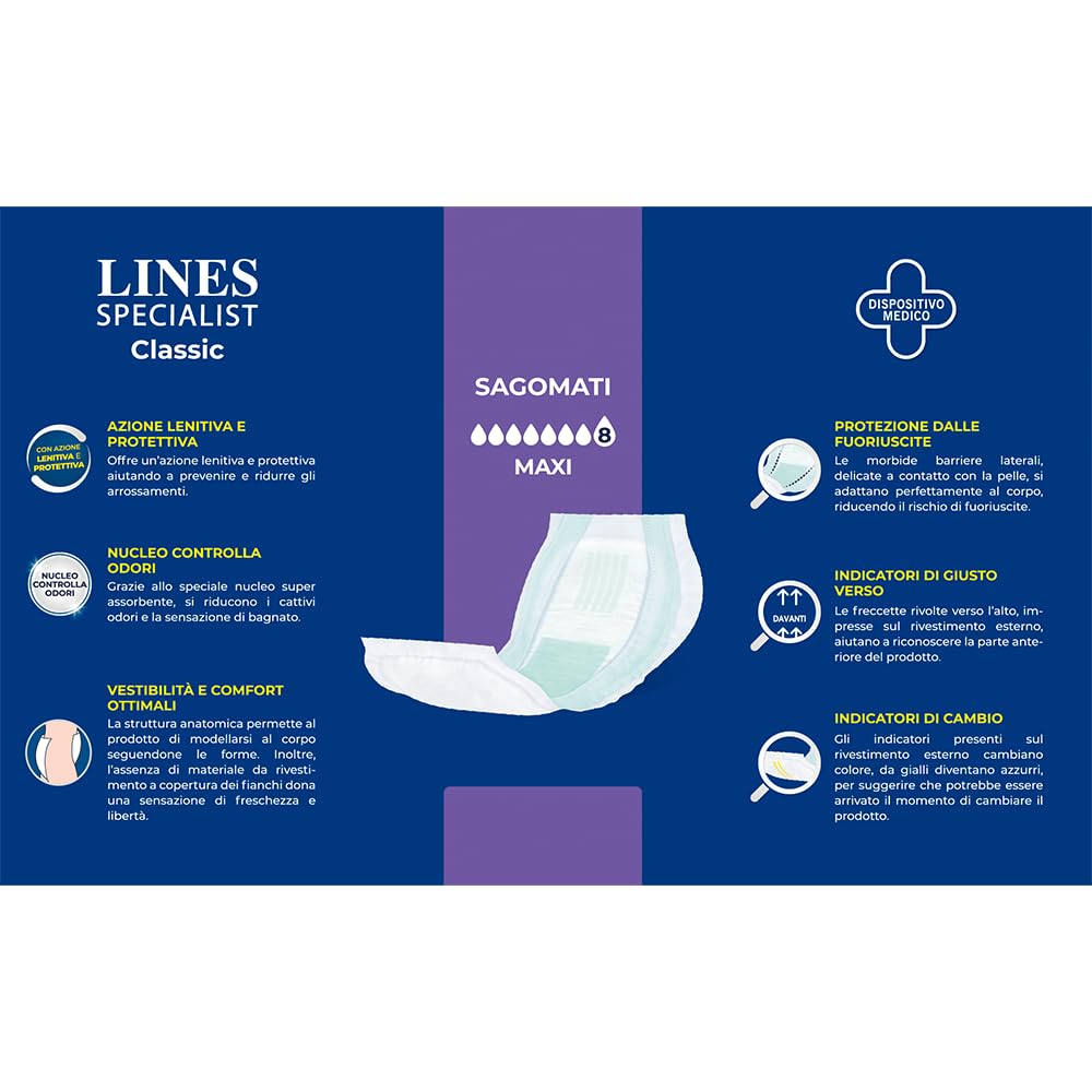 Lines Specialist Classic, Pannoloni Sagomati Assorbenti per Incontinenza Donna e Uomo, elevata Assorbenza, 4 Confezioni da 30 Unità