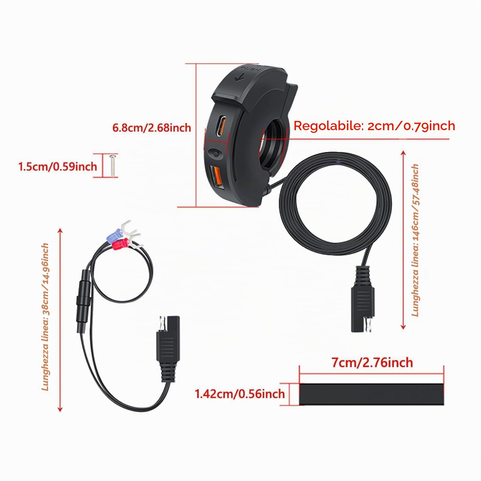 Caricabatterie USB Moto 48W, IP65, 2 Porte (QC3.0 18W + PD3.0 30W) con Interruttore, Presa USB-C 12-24V - per Viaggi/Avventure/Outdoor - Compatibile con Smartphone/GPS/Fotocamere