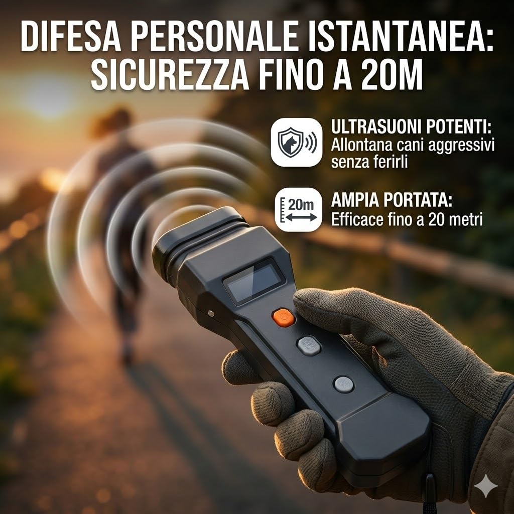 K9 Blocker Dissuasore Ultrasuoni per Cani Aggressivi con Luce LED Flash - Repellente Portatile Professionale per Difesa Personale - Strumento Anti Abbaio per Addestramento - Portata 20m - Sicuro