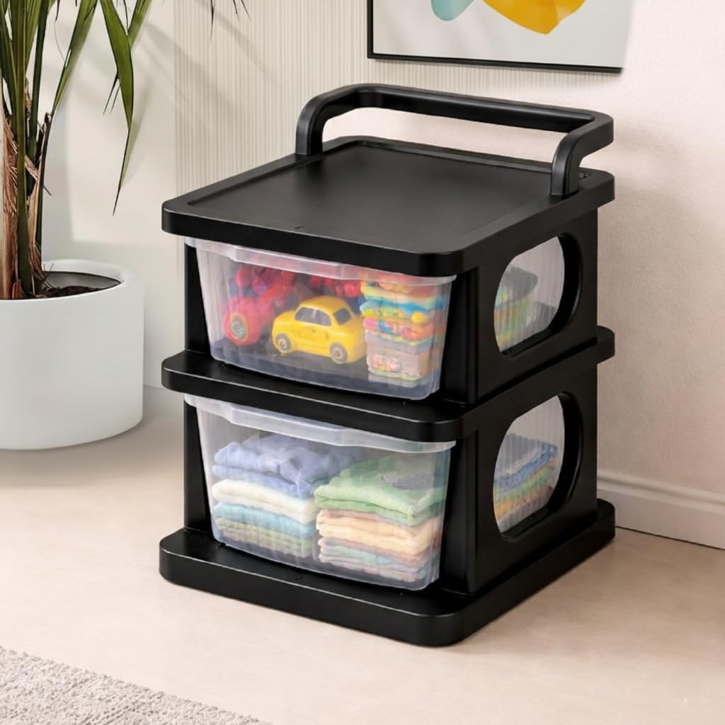 2 Tier Plastic Storage Drawer/Spacious Organizer with Handle| Modular Storage Rack for Home/Kitchen/Office | Black-image-43