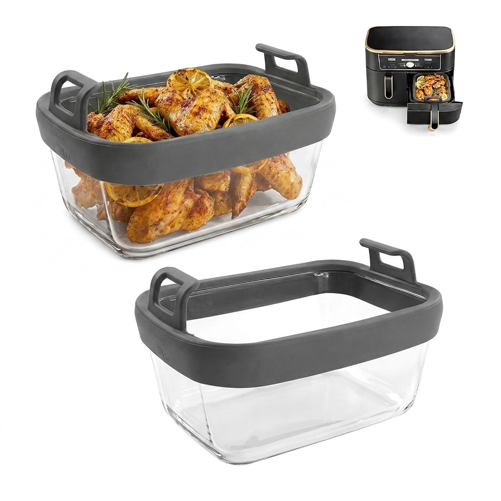 Glass Air Fryer Liners with Removable Silicone Handles - Heat Resistant Airfryers Tray for Ninja AF400UK, AF451UK, COSORI and Other Models - Durable & Dishwasher-safe (2 pieces)