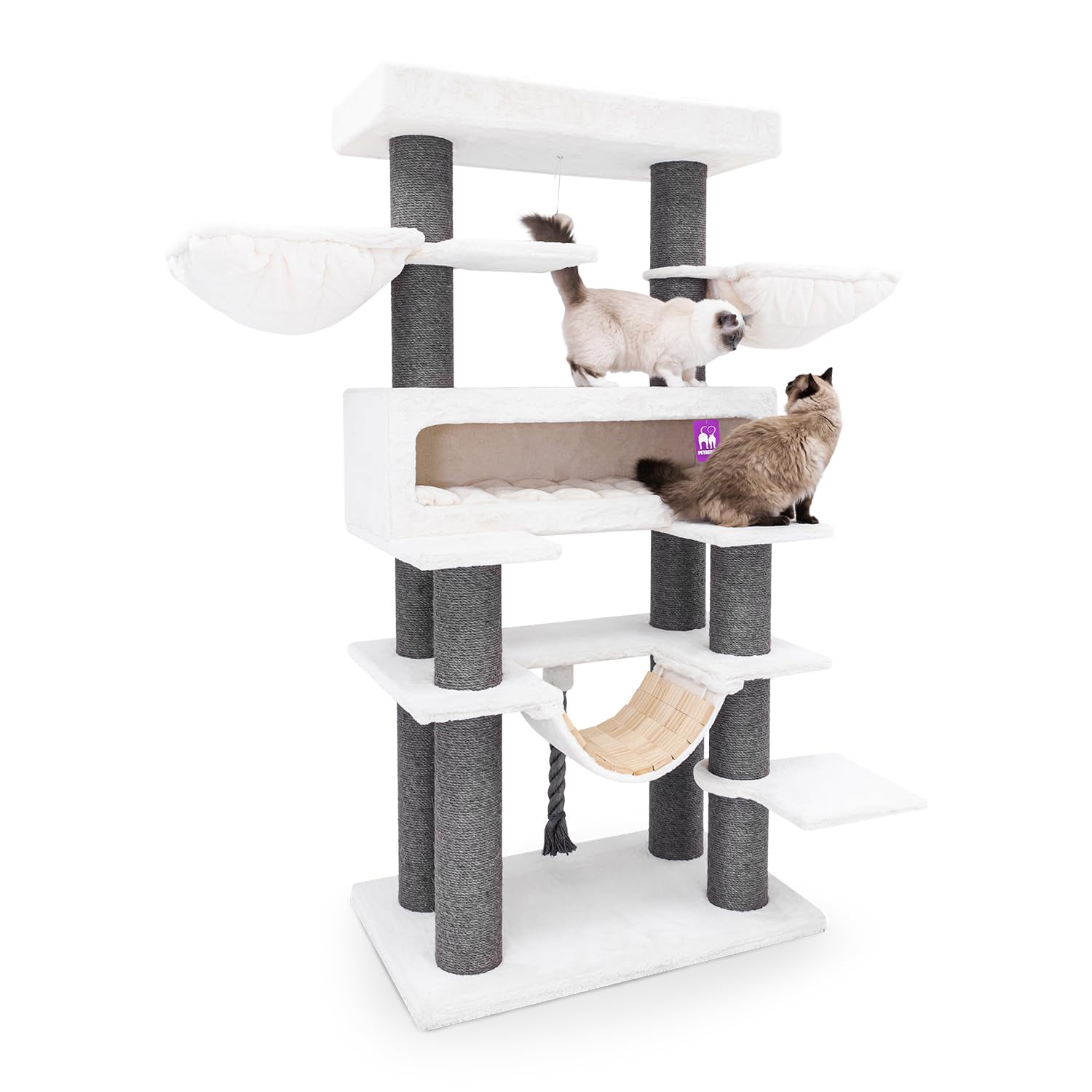 Petrebels XXL Kratzbaum Grosse Katzen Stabil Lookout 198 cm, Off-White | für Maine Coon & große Katzen, Ø 15 cm dicke Stämme, mit XL Hängematten, Schlafhöhle, Loungesofa & extra dicke Bodenplatte