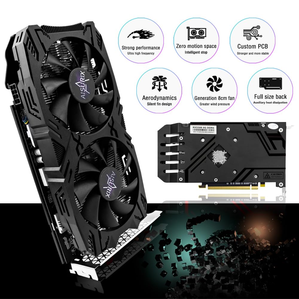 AISURIX RX 5500 - Scheda grafica GDDR6 da 8 GB, 128 bit, 3XDP, HDMI, PCI Express 4.0 x 8, 8 pin con sistema intelligente ventola, schede video per PC da gioco con 3 DisplayPort + 1 HDMI (5500)