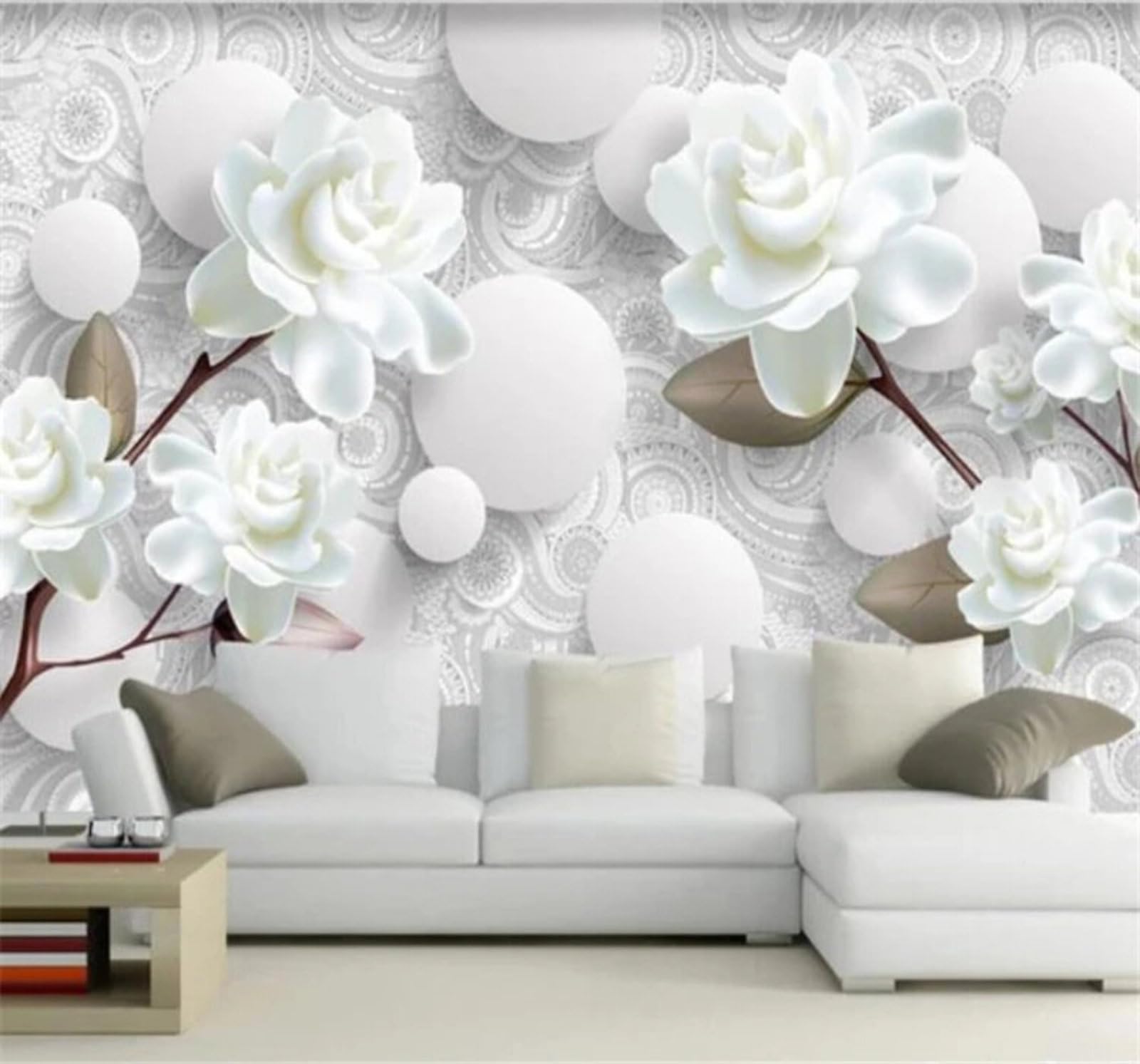 Xlming 400Cm×280Cm(B×H) Exquisite Three Dimensional White Peony Spherical 3D Wallpaper Luxury Home Dining Decor Paste Sofa Living Room The Wall For Bedroom Mural-400Cm×280Cm