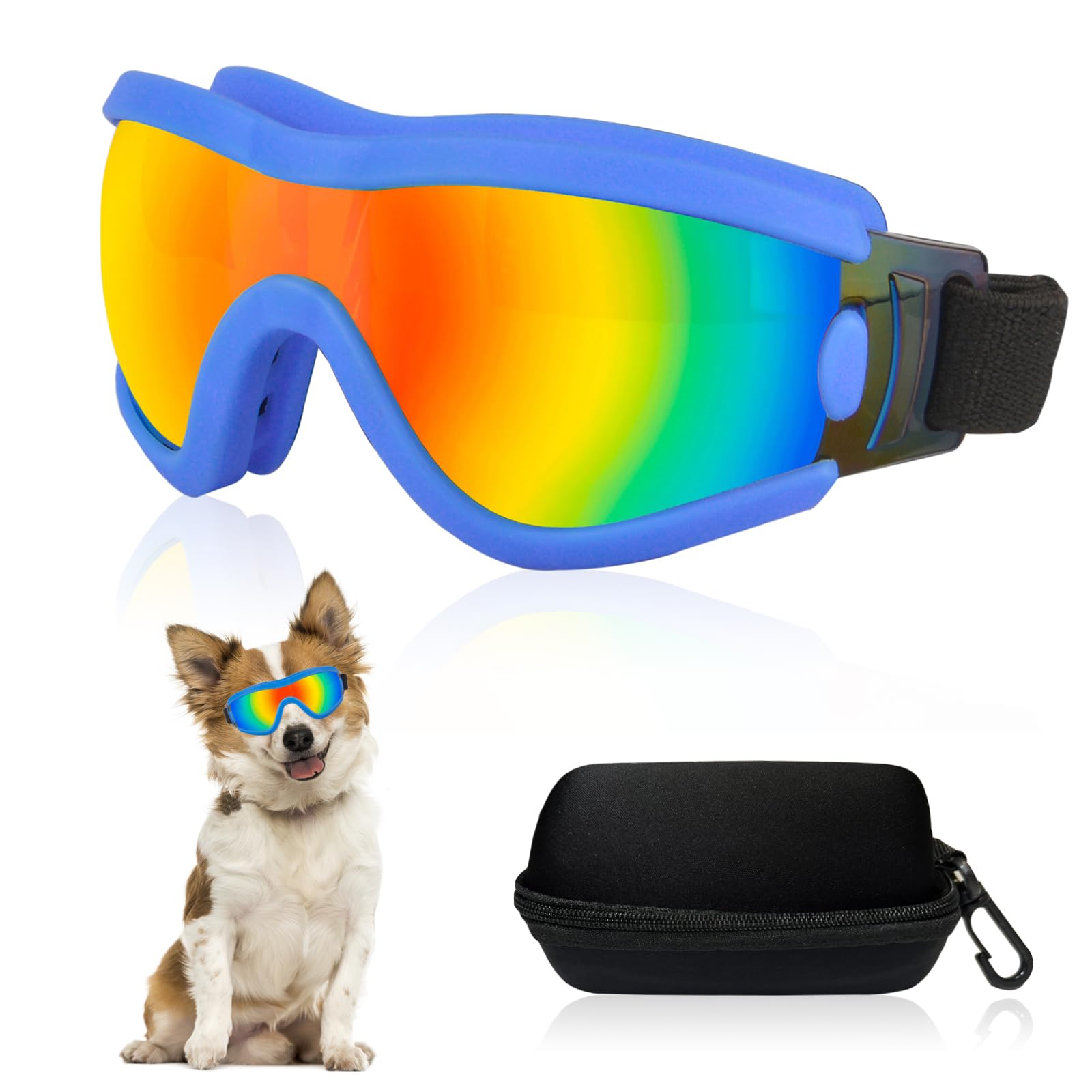 Dog Goggles Small Breed Dog Sunglasses with Adjustable for UV Protection Eyewear Doggy Doggie Puppy Glasses Anti-Fog Wind Dust Snowproof (Blue Frame Red Lens)