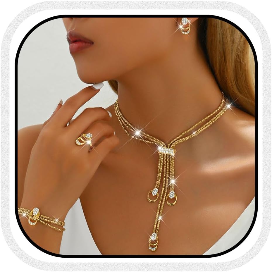 Unicra Gold Jewelry Sets Chunky Necklace Earrings Bracelet Ring Set Fashion Indian Statement Costume Jewelry Set for Women