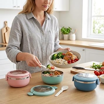 Deconox 700 ml Paslanmaz Çelik Yemek Kabı, Kaşıklı, Saplı ve Kilitli Yuvarlak Lunch Box, Mavi Yeşil Pembe Renk Seçenekli, 12x11x13cm Kapaklı Saklama ve Taşıma Kabı