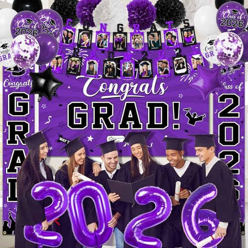 Image of 2026 Graduation Decorations, Purple Themed Class of 2026 Decorations Set, Congrats Grad Backdrop, Photo Banner, Door Banner, Balloons and Pom Poms Supplies for High School College Graduation Party