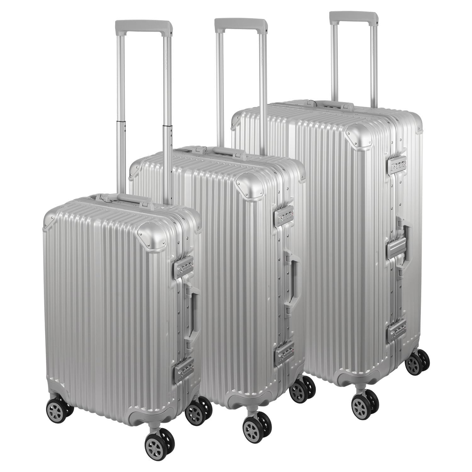 FusionShell Hartschalen-Kofferset 3-teilig, Silber | Aluminiumrahmen, 57 68 77 cm (43L 65L 110L), Rahmenverstärkt, TSA-Zahlenschloss, gummierte 360-Grad-Doppelrollen