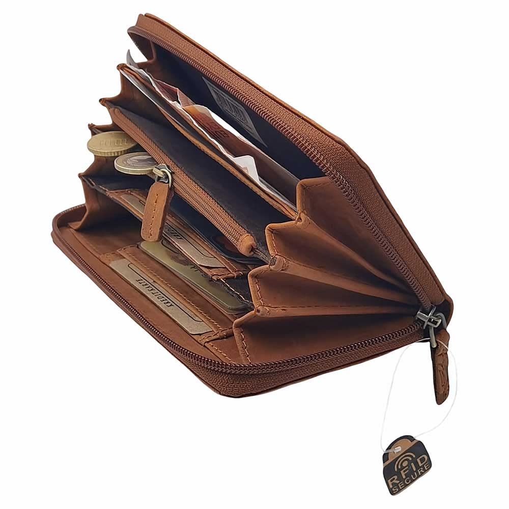 Monedero Billetero de Piel de Búfalo con Diseño de Flores, Compacto con Cremallera, con Protección RFID y Compartimentos para Tarjetas de Crédito, Color Marrón