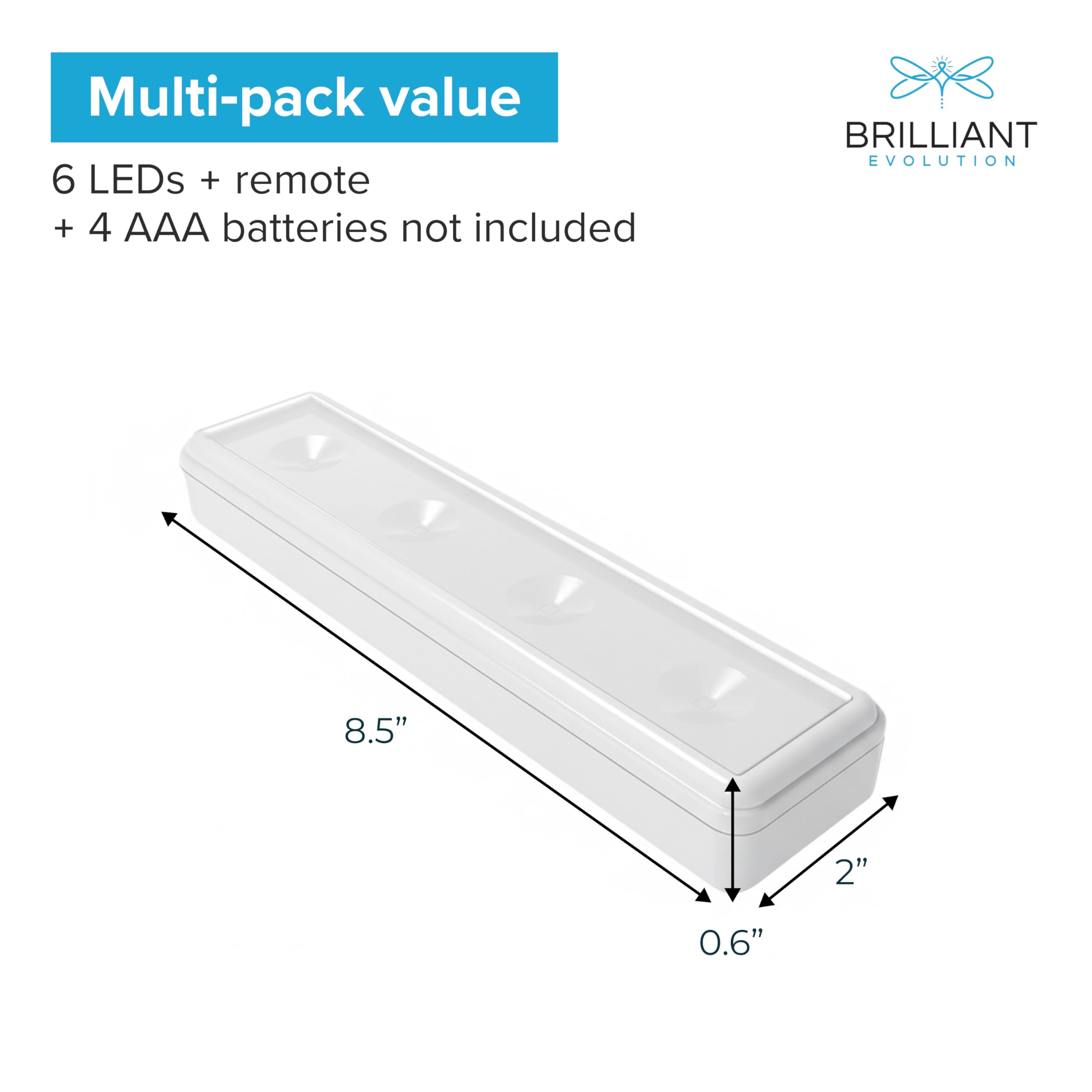 Brilliant Evolution Kabellose LED-Unterschrankleuchte, 6er-Pack mit 2 Fernbedienungen, batteriebetriebene Lichter, Küchenunterschrankbeleuchtung, Touch-Licht, aufklebbare Lichter, Push-Licht