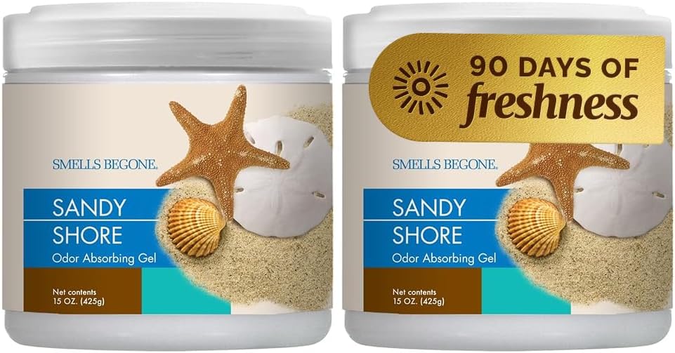 Air Freshener Odor Absorber Gel - 15 oz, Pack of 2 - Absorbs and Eliminates Odor in Pet Areas, Bathrooms, Cars, & Boats - Made with Essential Oils - Sandy Shore Scent