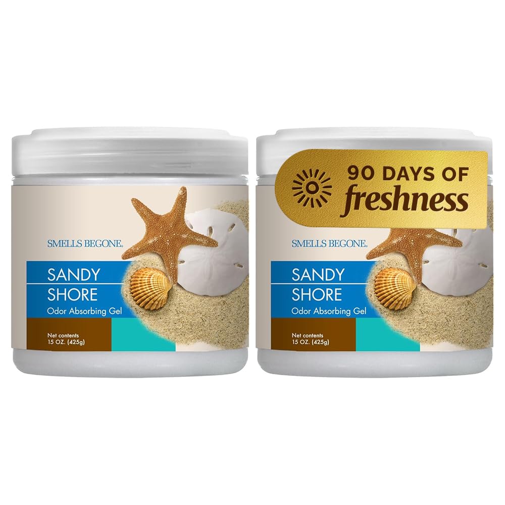 SMELLS BEGONE Air Freshener Odor Absorber Gel - 15 oz, Pack of 2 - Absorbs and Eliminates Odor in Pet Areas, Bathrooms, Cars, & Boats - Made with Essential Oils - Sandy Shore Scent