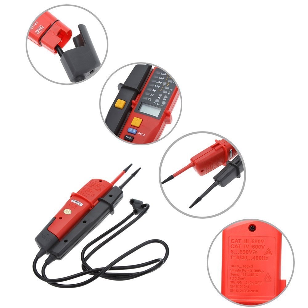 Probador de voltaje y continuidad de rango automático UT18C con indicador LCD/LED Fecha de retención RCD prueba y sin detección de batería