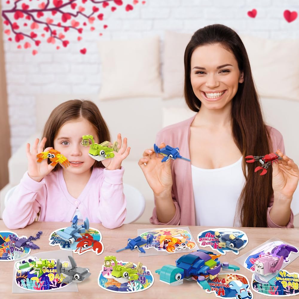 Celltestria 30pcs Valentines Building Blocks, Valentine's Day Gifts Toys for Kids Marine Animals Building Toys with Cards for Boy Girl Classroom School Gifts Exchange Prizes Valentine Party Favors