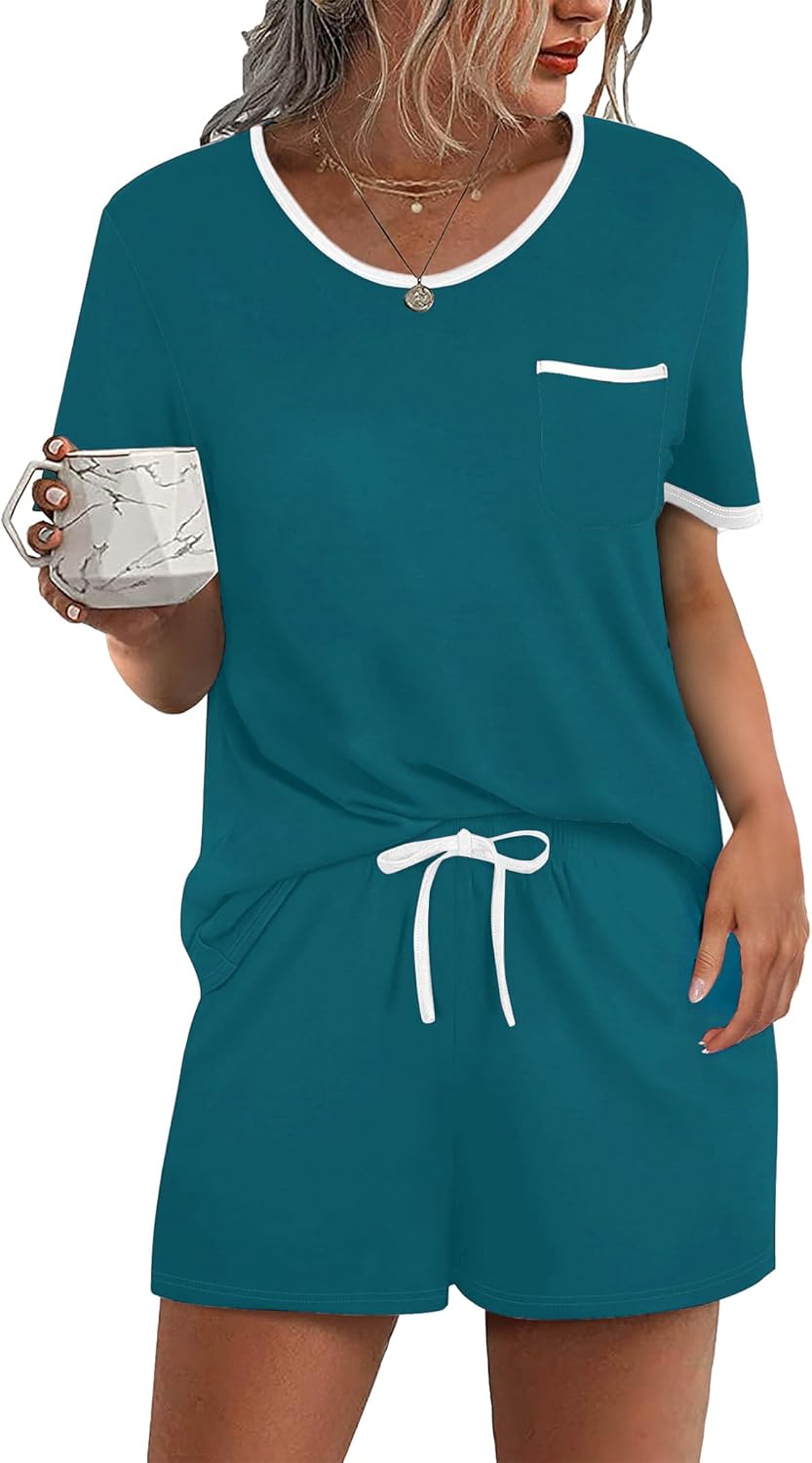 Ekouaer Pajama Set for Women 2 Piece Lounge Set Short Sleeve Tops and Shorts Soft Sleepwear, Chest Pocket
