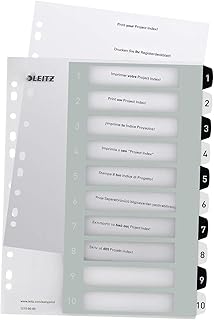 Leitz Índice 1-10, Imprimible con Ordenador, A4, Extra Ancho, Plástico Rígido, Blanco/Negro, Gama WOW, 12150000