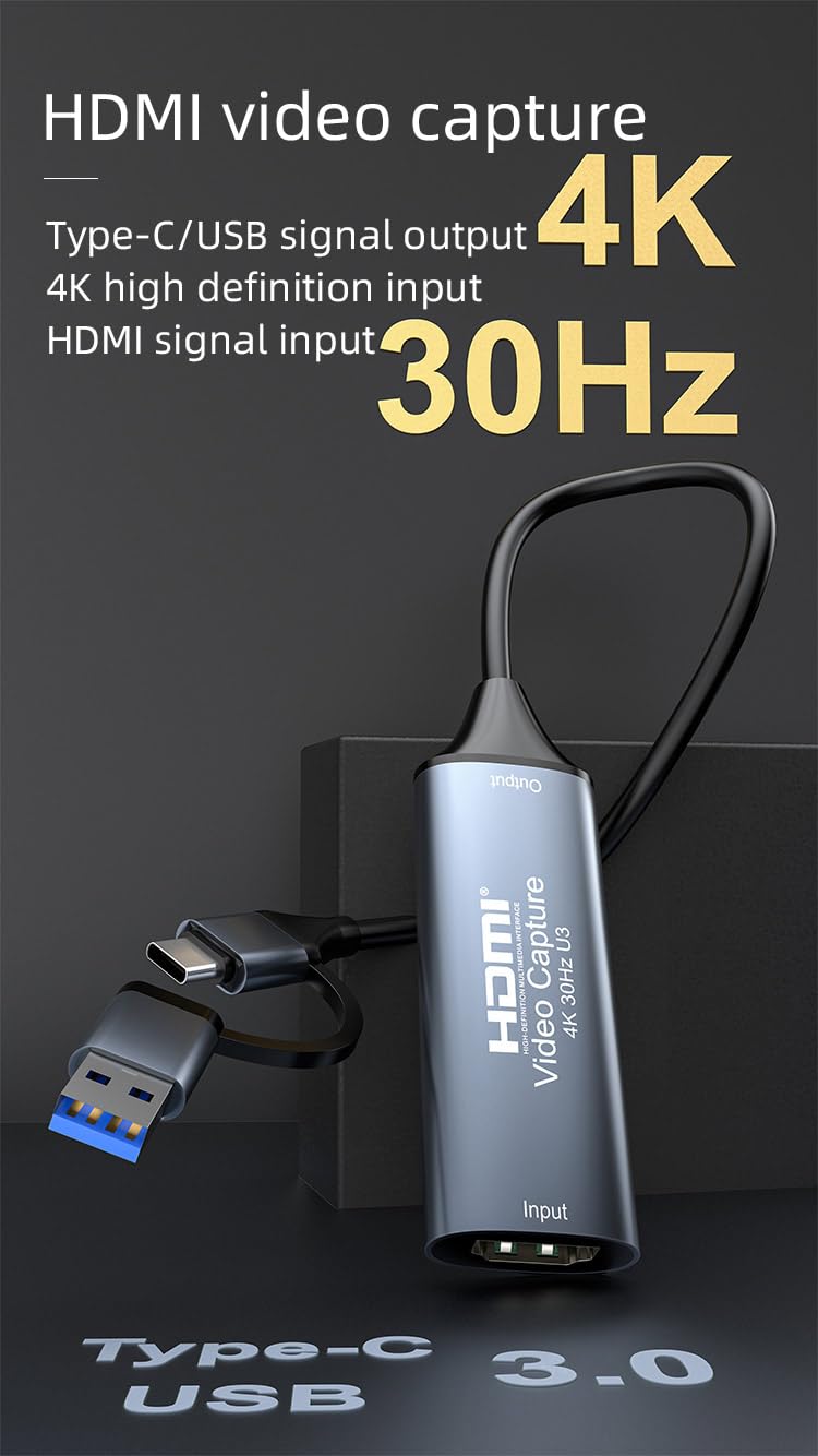 PremiumCord HDMI Capture/Grabber do Nagrywania Wideo/Audio na Komputerze z USB, Rozdzielczość UHD 4K 2160p 30 Hz, Full HD 1080p 60 Hz, USB 3.2 typ C/typ A, Plug and Play, Space Grey