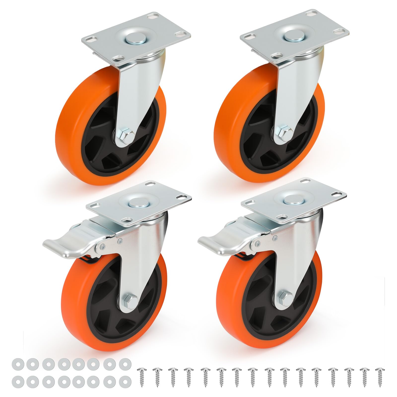 Nfbcxutkw 2 Swivel + 2 Locking Casters 4 Inch Heavy Duty Casters Set Of 4, 2 Swivel + 2 Locking, Orange Pu
