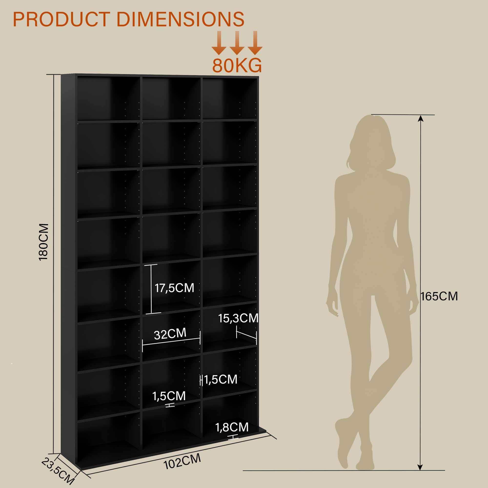 CD-Regal, CD-Hüllen-Organizer, DVD Regal, DVD Schrank, Kippschutz, Ständer oder Vitrine für Sammlungen, geeignet für Wohnzimmer und Arbeitszimmer, 102x23.5x180cm, Stehend, Schwarz