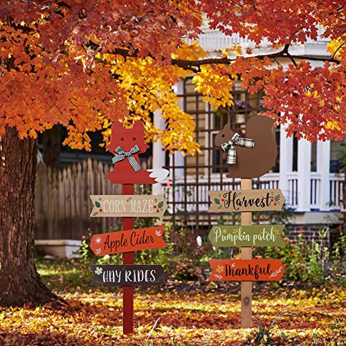 Thanksgiving Decorations For Home Outdoor, Needomo 2 Pack 35'' Wooden Fox Squirrel Garden Stakes For Fall Decor, Decorative Yard Sign For Outside, Front Door, Garden, Patio, Fall Decorations #TOP5