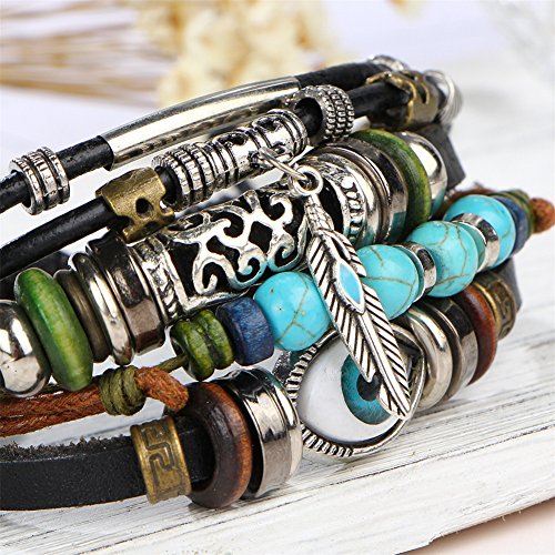 Jczr.y Vintage Woven Leather Blue Eye Bracelet Cuff Bohemian Retro Multi-Layer Turquoise Beads Braided Leather Rope Bracelet Bangle For Women Men #TOP3