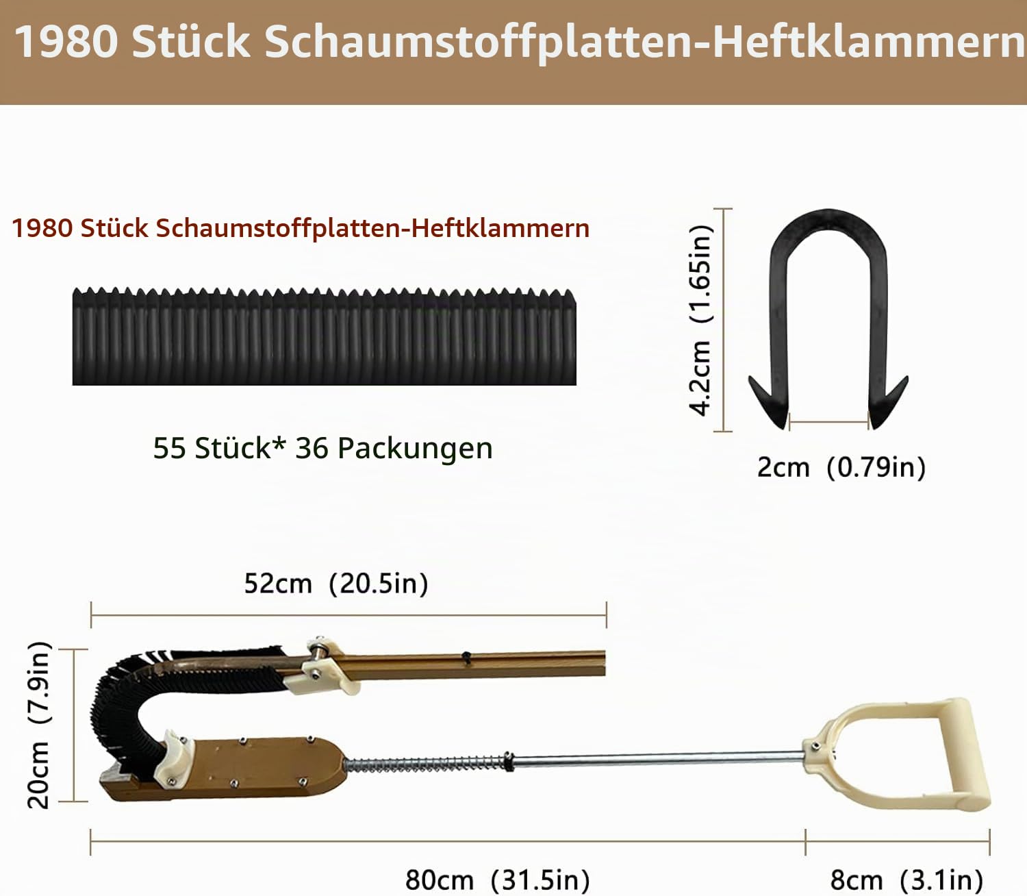 Tacker für Fußbodenheizung, mit 1980 Stück Klammern, Einhand-Bedienung, Rohr Tackerpistole für Fußbodenheizungsrohre, geeignet für 25 mm & 50 mm Dämmplatten, inkl. 42 mm Klammern