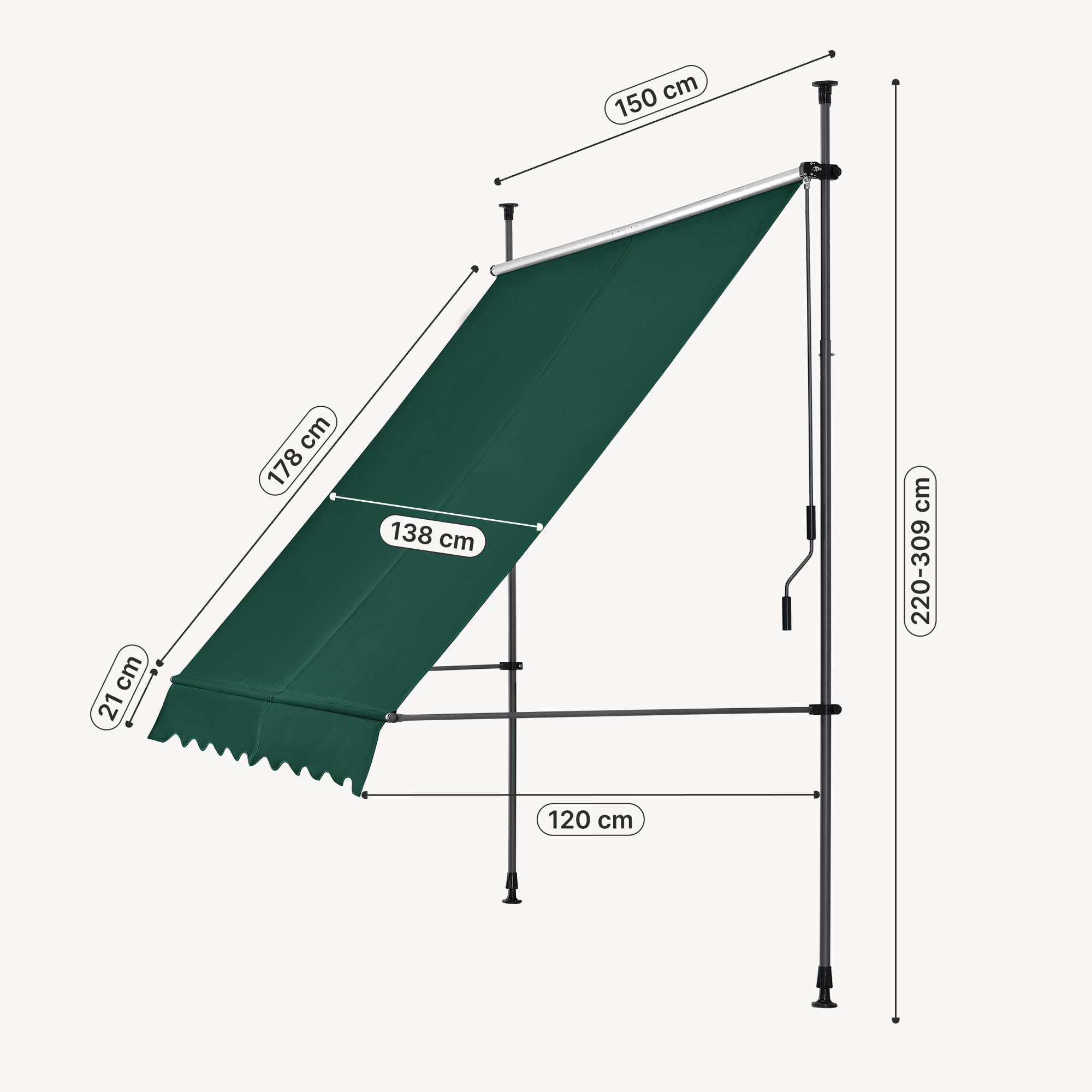 pro.tec Toldo Retráctil Stem Toldos Exterior Terraza Balcón Ajustable en Altura Manual Resistente Protector de Sol Sin Taladrar Acero/Poliéster 150 x 120 x 220-309 cm - Verde Oscuro