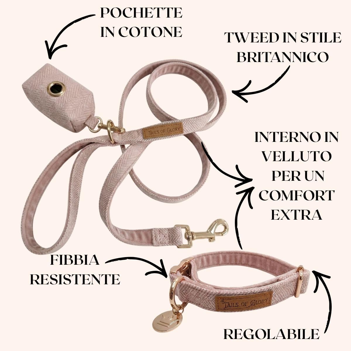 Set Lusso per Passeggiate con il Cane 3 Pezzi – Collare Regolabile, Guinzaglio 150 cm, Portasacchetti – Tweed Inglese e Velluto Morbido – Elegante, Confortevole e Pratico – 3 Colori
