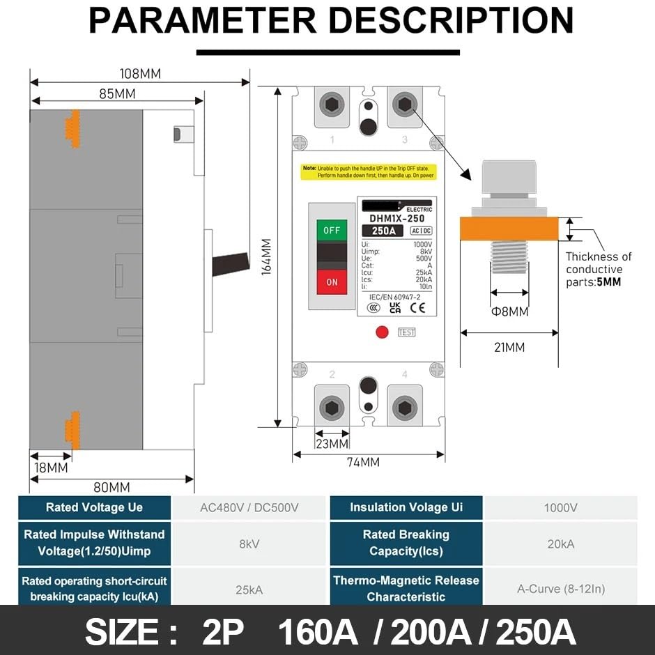 Interruttore automatico, DC MCCB 500V 25KA Interruttore solare scatolato 125A 160A 200A 250A(100a)