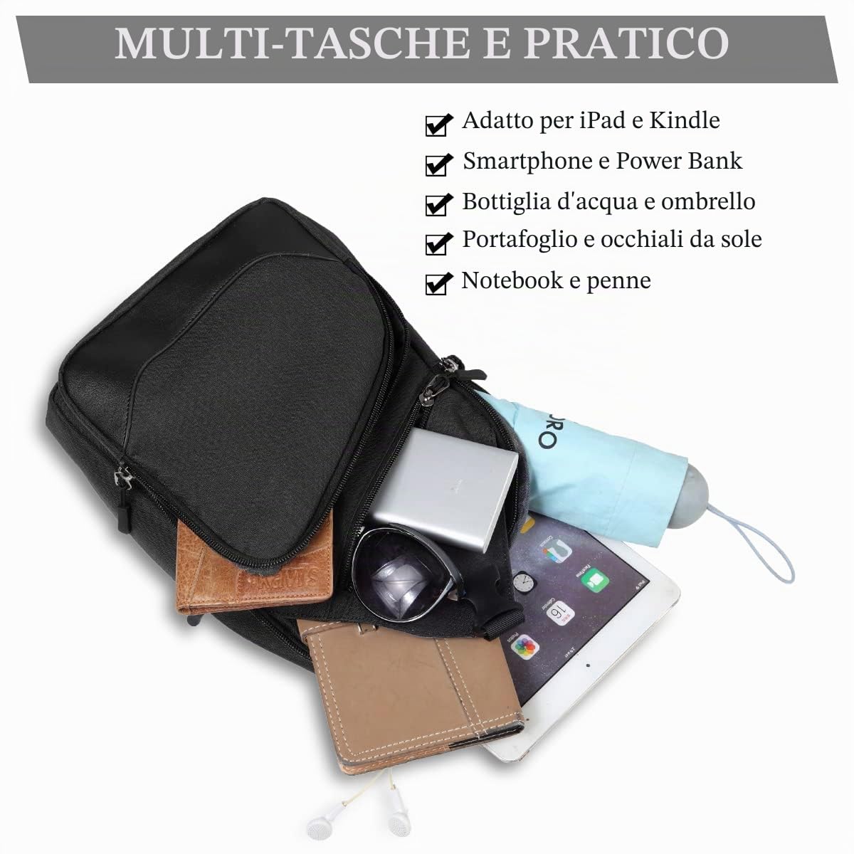 VASCHY Borsa a tracolla da uomo, borsa a tracolla multipla, per uomo e donna, impermeabile, per tutti i giorni, trekking, corsa, escursionismo