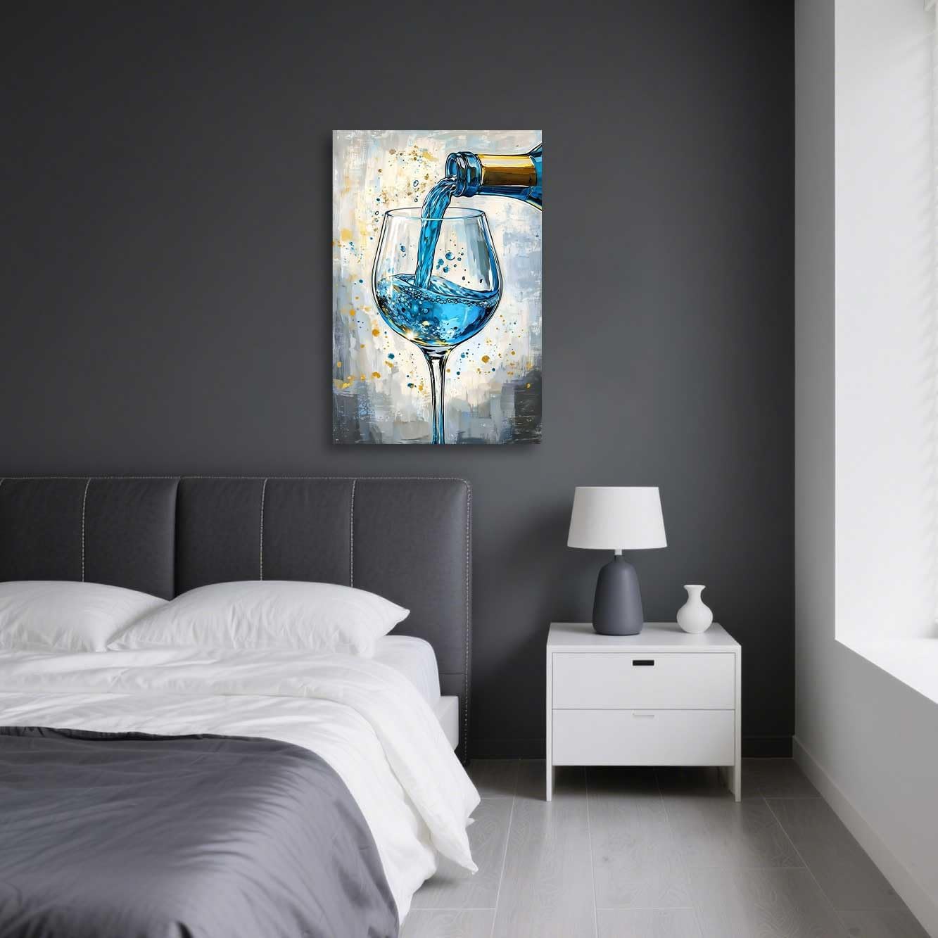 ZSHARTSWD Wine Glass Canvas Wall Art Abstract Red Wine Cup Pictures Modern Kitchen Paintings Black and White Poster Prints for Dining Room Bar Decor Framed (Blue, 18L x 12W)