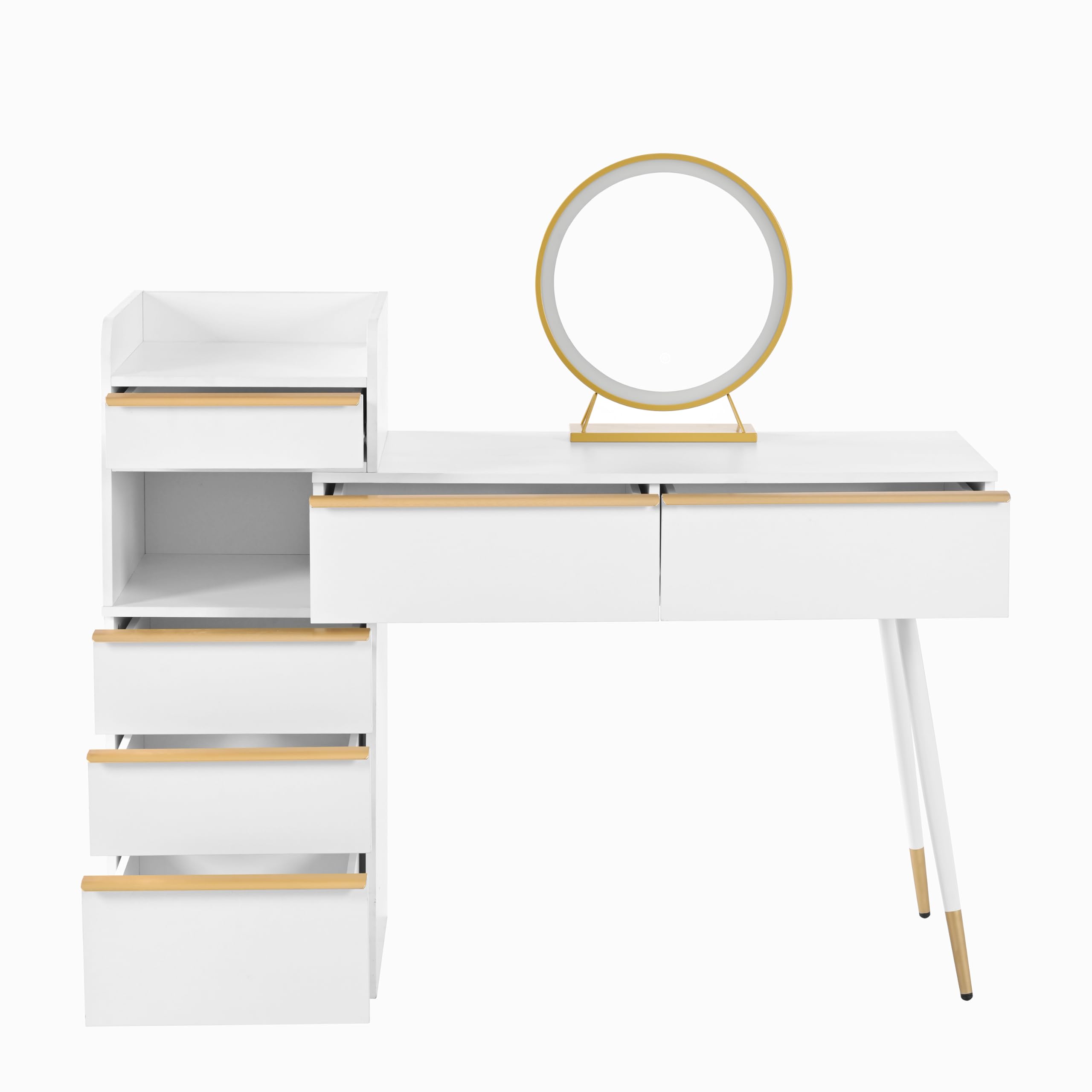 Tavolo da toeletta con ripiano estraibile, 6 cassetti e maniglie dorate, specchio a LED con luce dimmerabile, sgabello non incluso, bianco, 102 x 100 x 41,5 cm