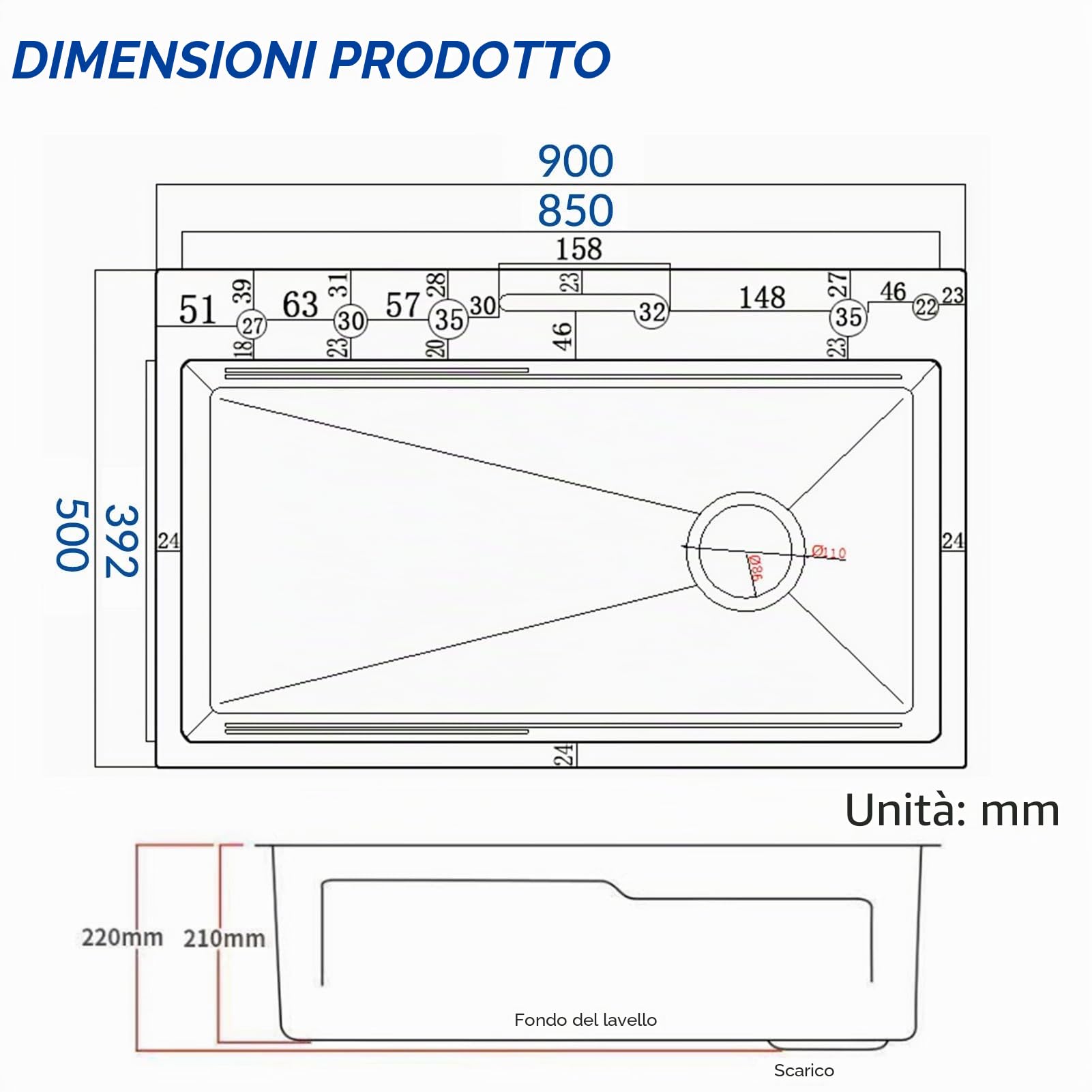 Lavello Da Cucina Inox 1 Vasca Multifunzionale Con Cascata – Stainless Steel Sink Con Set Accessori – Lavello Cucina Moderno Smart(Black-Grey,90x50cm)