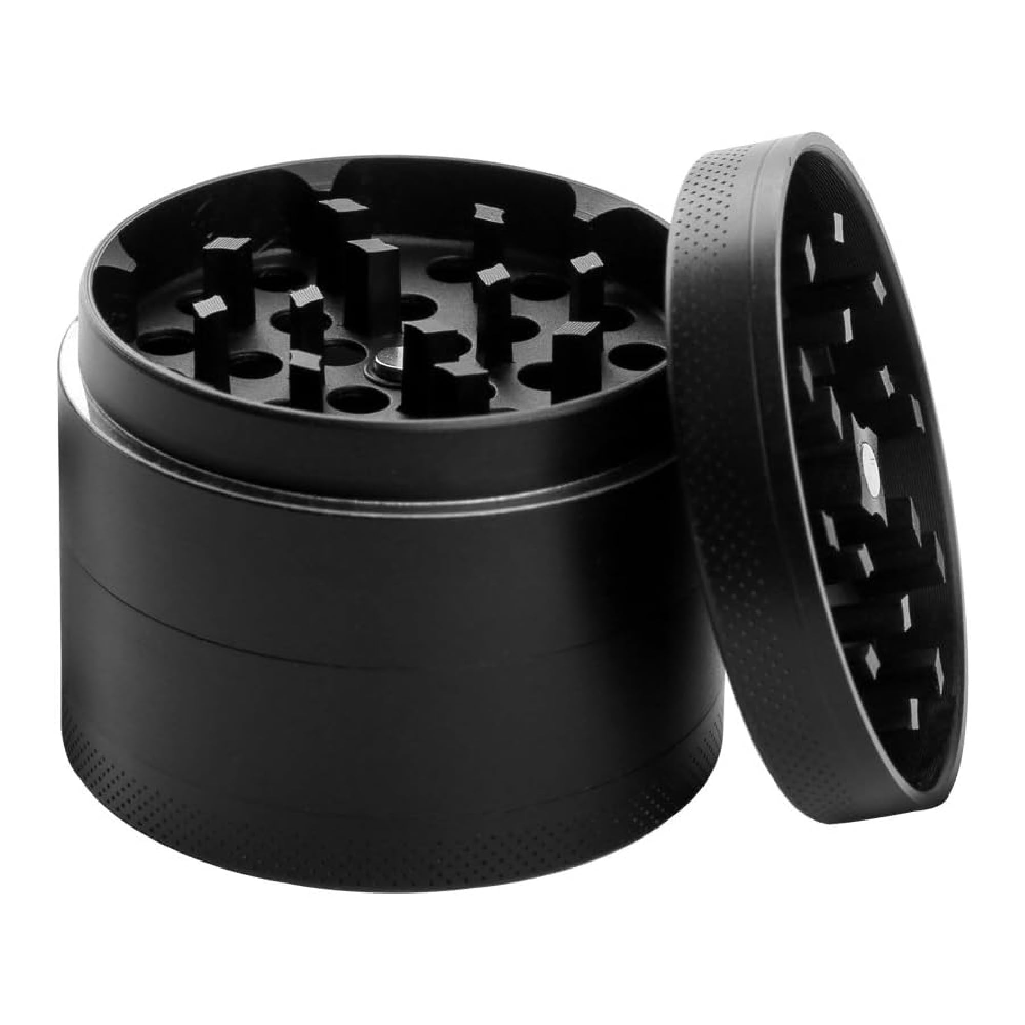 Rynli Herb Grinder, Portable 4-Layer Zinc Alloy Grinders with Pollen Catcher, Small Magnetic Top and Sifter for Dry Herb, Plastic Scraper, Mini Crusher Mill, Ideal for Spice & Herbal Use - Black