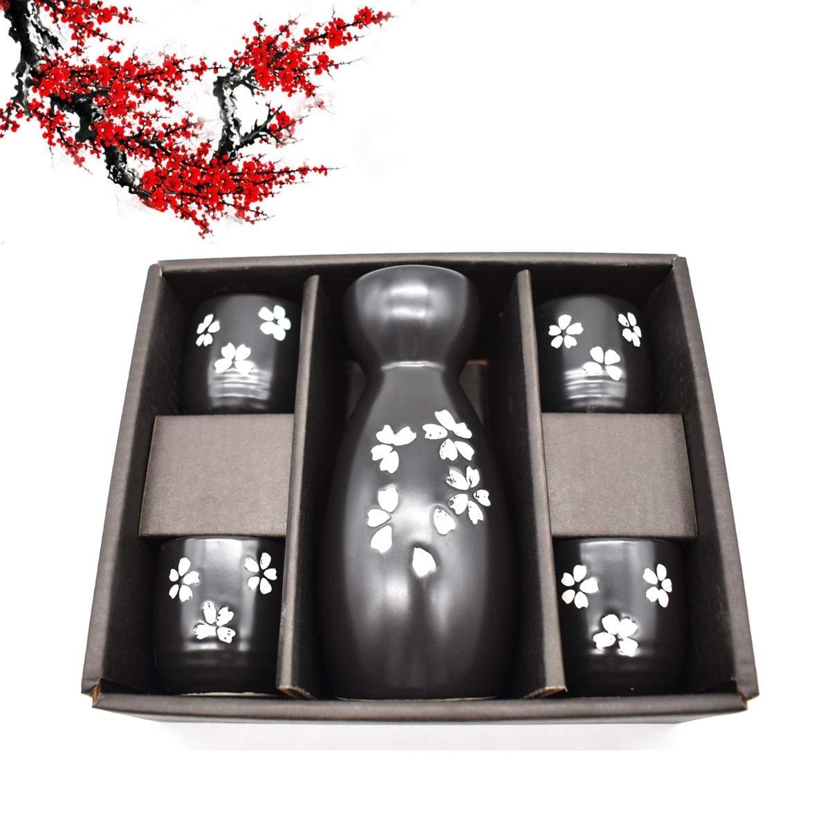 Set da Sake Giapponese,5 Pezzi Ceramica Tradizionale Porcellana Bicchieri da Vino Dipinti a Mano Fiori di Ciliegio Sake Pot Tazze Artigianale Regalo Set(Nero)