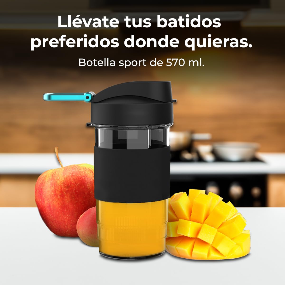 Cecotec Batidora de Vaso Individual Power Titanium 900 ProGo Hand Juice. 900W, 4 Cuchillas Titanio, Pica Hielo, Botella Sport 570ml, Agarre Ergonomico, Tapón Plegable, Asa de Silicona