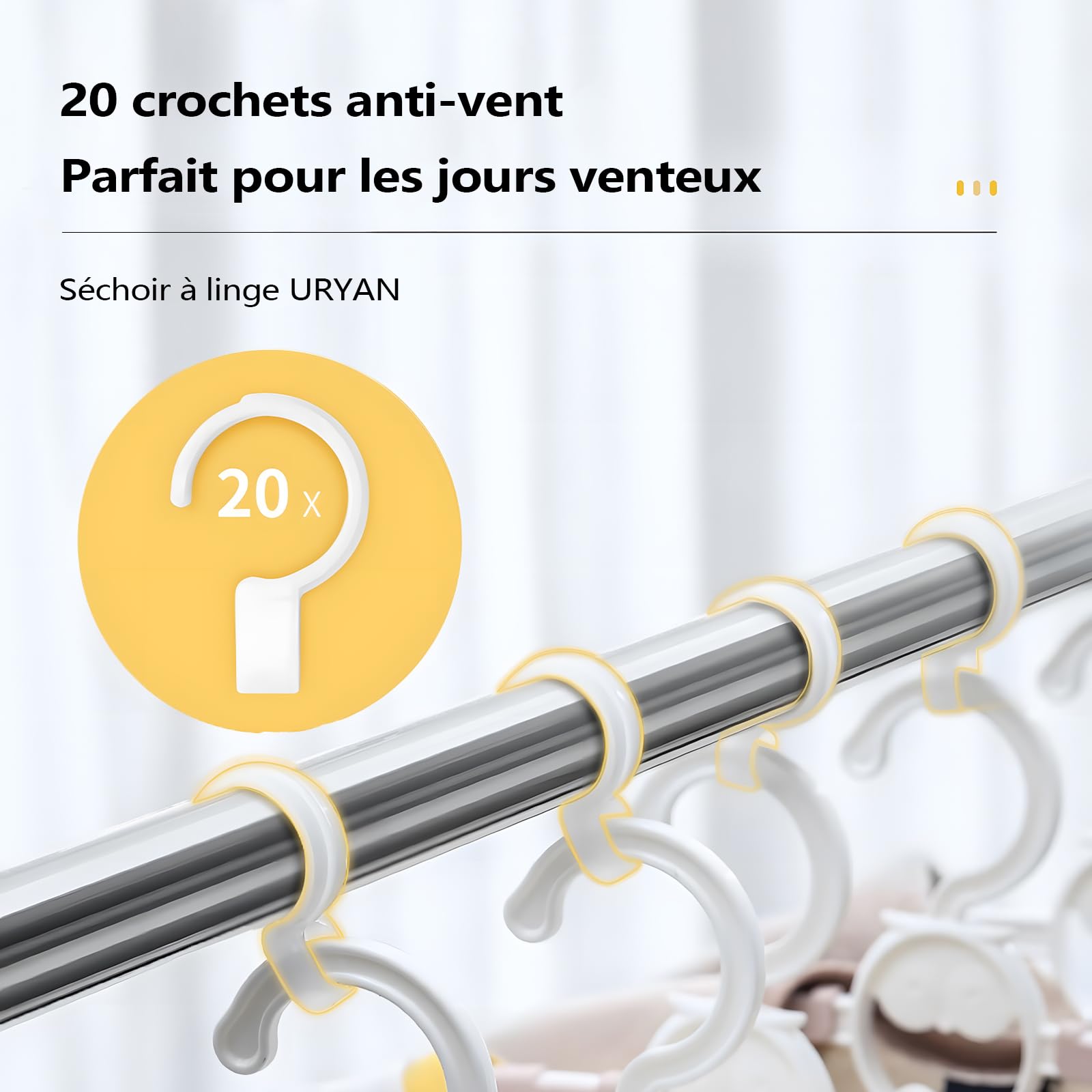 URYAN 200cm Séchoir à Linge, Étagère de séchage en Acier Inoxydable Robuste-Étendoir à Linge Pliable intérieur extérieur,Séchoir Linge Portable autoportant avec 20 Crochets Anti-Vent