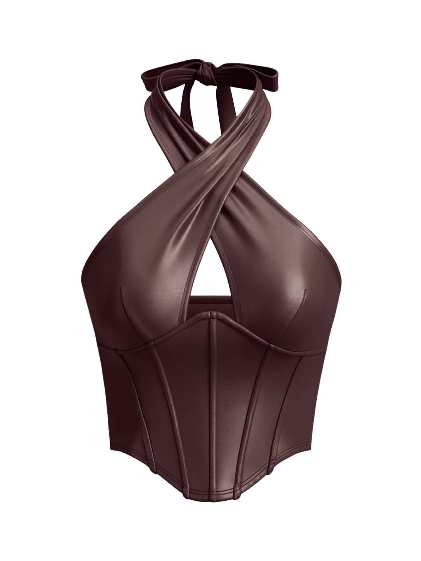 Verdusa Women's Y2k Club Faux Leather Corset Tops Cut Out Criss Cross Going Out Halter Top
