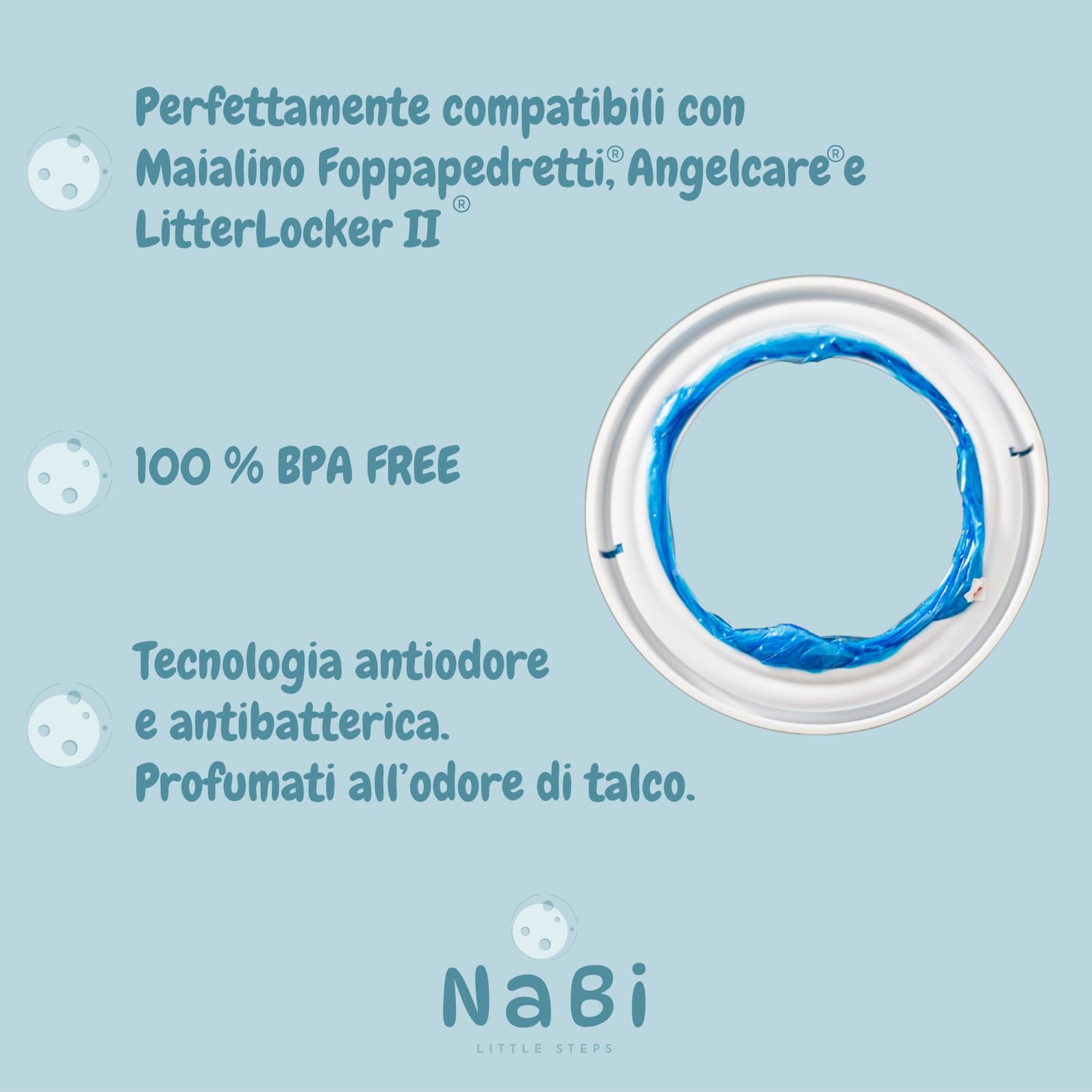 NABI LITTLE STEPS Ricarica Compatibile con Mangiapannolini Maialino Foppapedretti, Angelcare e Genie Litter Locker II. Confezione da 5 Ricariche Profumate, Facili e Convenienti